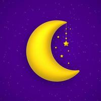 Cute background with golden moon and stars on the night blue sky. Vector illustration.