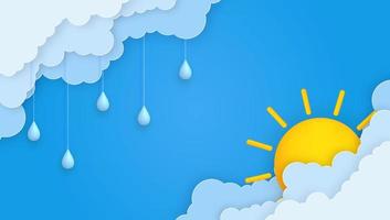 Cute blue sky background with paper cut clouds, 3d sun and rain drops garland. vector