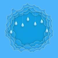 Blue sky background with paper clouds and 3d rain drops. Paper cut and 3d cartoon style. vector