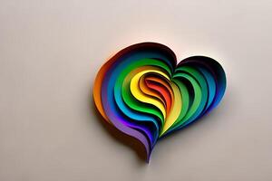 arco iris de colores papel cortar fuera en el amor corazón forma. papel Arte arco iris corazón antecedentes con 3d efecto, corazón forma en vibrante colores, vector ilustración. foto