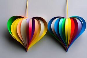 Two hanging rainbow colored paper cut out in the love heart shape. Paper art rainbow heart background with 3d effect, heart shape in vibrant colors, vector illustration. photo