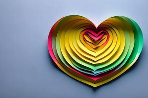 arco iris de colores papel cortar fuera en el amor corazón forma. papel Arte arco iris corazón antecedentes con 3d efecto, corazón forma en vibrante colores, vector ilustración. foto