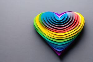 arco iris de colores papel cortar fuera en el amor corazón forma. papel Arte arco iris corazón antecedentes con 3d efecto, corazón forma en vibrante colores, vector ilustración. foto