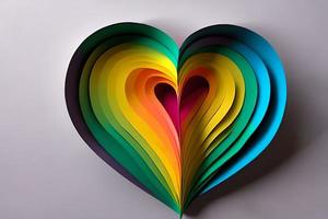 arco iris de colores papel cortar fuera en el amor corazón forma. papel Arte arco iris corazón antecedentes con 3d efecto, corazón forma en vibrante colores, vector ilustración. foto