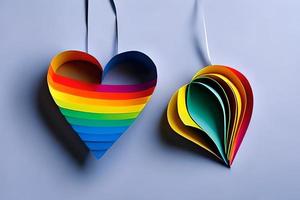 Two hanging rainbow colored paper cut out in the love heart shape. Paper art rainbow heart background with 3d effect, heart shape in vibrant colors, vector illustration. photo