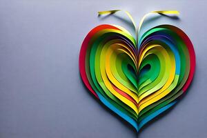 arco iris de colores papel cortar fuera en el amor corazón forma. papel Arte arco iris corazón antecedentes con 3d efecto, corazón forma en vibrante colores, vector ilustración. foto