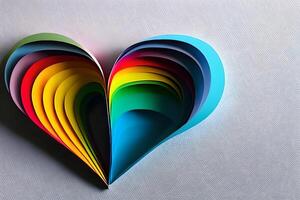 arco iris de colores papel cortar fuera en el amor corazón forma. papel Arte arco iris corazón antecedentes con 3d efecto, corazón forma en vibrante colores, vector ilustración. foto