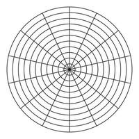 Polar grid of 14 segments and 10 concentric circles. Coaching tool. Wheel of life template. Circle diagram of lifestyle balance. Vector blank polar graph paper.