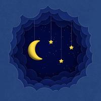 Cute night sky background with paper clouds, 3d moon and stars. Square composition. vector