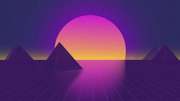 Background with pyramids, retrowave motion design backdrop. Purple gradient sunset. 80s retro background video