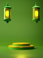 3d rendering podium product display with islamic hanging lanterns on green background. Eid Mubarak and Ramadan holiday sales concept photo