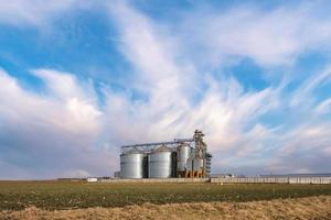 agro silos en agroindustrial complejo y grano el secado y semillas limpieza línea. foto