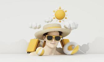 modelo de un sano masculino cara vistiendo un sombrero y Gafas de sol en el concepto de verano viaje y el mar en un blanco fondo, dibujos animados estilo. 3d representación foto