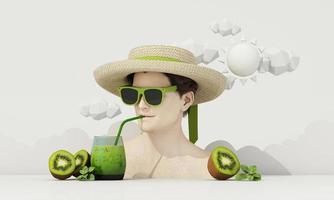 sano masculino cara escultura modelo vestir un sombrero y Gafas de sol Bebiendo kiwi jugo y verde manzana jugo en el verano en el concepto de sano cuerpo. en blanco fondo, dibujos animados estilo 3d representación foto