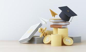 Graduation cost or expensive education or scholarship loan. money with stack of books and cap or hat, idea of tuition budget or college, university learning fee, profit or earnings. 3d rendering photo