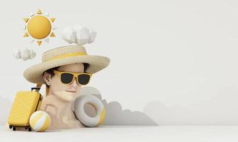 Model of a healthy male face wearing a hat and sunglasses in the concept of summer travel and the sea on a white background, cartoon style. 3d rendering photo