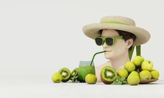 sano masculino cara escultura modelo vestir un sombrero y Gafas de sol Bebiendo kiwi jugo y verde manzana jugo en el verano en el concepto de sano cuerpo. en blanco fondo, dibujos animados estilo 3d representación foto