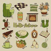 Cozy home. Set of 16 vector elements in doodles style