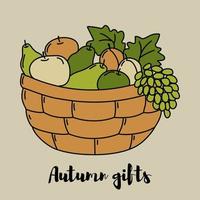 Basket with autumn harvest colored vector icon.