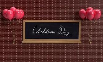 blackboard sign red balloon two party celebration festival welcome kid love mother father children day event couple children day boy girl billboard classroom school education grunge study.3d render photo