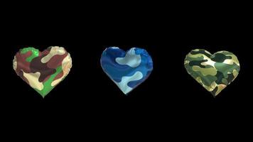 Heart shape balloon flying with military camouflage texture on transparent background video