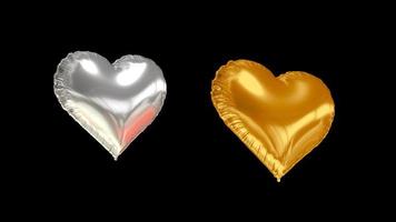 Silver and gold heart-shaped helium balloons levitate or fly in the air. Chroma key, hearts video