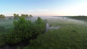 Thick morning fog over the river and meadow. Flying over the mist landscape. Aerial survey video