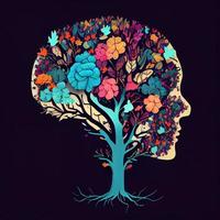 humano cerebro árbol con flores y mariposas, concepto de yo cuidado, mente, ideas, creatividad - ai generado imagen foto