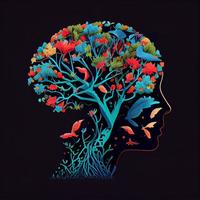 Human brain tree with flowers and butterflies, concept of self care, mind, ideas, creativity - AI generated image photo