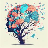 Human brain tree with flowers and butterflies, concept of self care, mind, ideas, creativity - AI generated image photo