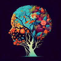 Human brain tree with flowers and butterflies, concept of self care, mind, ideas, creativity - AI generated image photo