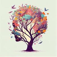 humano cerebro árbol con flores y mariposas, concepto de yo cuidado, mente, ideas, creatividad - ai generado imagen foto