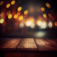 Wooden table top in cafe blurred bokeh background - image photo