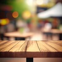 Wooden table top in cafe blurred bokeh background - image photo