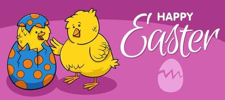 cartoon Easter Chick hatching from Easter egg greeting card vector