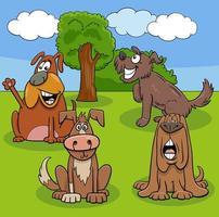 cartoon playful dogs and puppies characters in a meadow vector