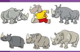 dibujos animados contento rinocerontes cómic animal caracteres conjunto vector