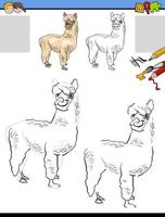 dibujo y colorante tarea con dibujos animados llama o alpaca vector