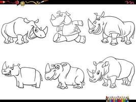 dibujos animados rinocerontes animal caracteres conjunto colorante página vector