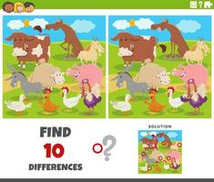 differences game with cartoon farm animals vector