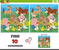 differences game with cartoon farm animal characters vector