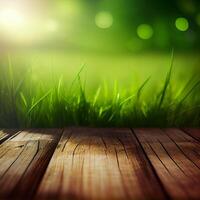 Wood table top close up, beautiful texture of green meadow grass, abstract blur natural bokeh - image photo