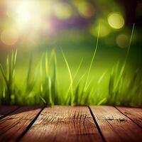 Wood table top close up, beautiful texture of green meadow grass, abstract blur natural bokeh - image photo