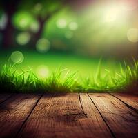 Wood table top close up, beautiful texture of green meadow grass, abstract blur natural bokeh - image photo