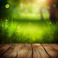 Wood table top close up, beautiful texture of green meadow grass, abstract blur natural bokeh - image photo