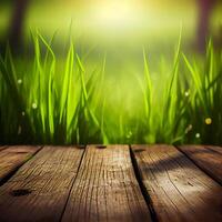 Wood table top close up, beautiful texture of green meadow grass, abstract blur natural bokeh - image photo