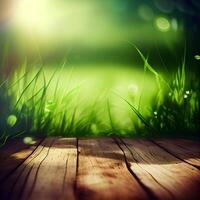 Wood table top close up, beautiful texture of green meadow grass, abstract blur natural bokeh - image photo