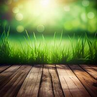 Wood table top close up, beautiful texture of green meadow grass, abstract blur natural bokeh - image photo