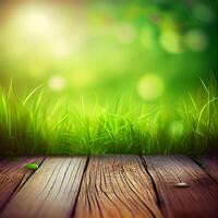 Wood table top close up, beautiful texture of green meadow grass, abstract blur natural bokeh - image photo