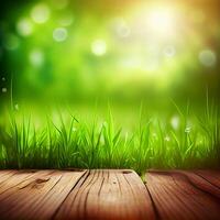 Wood table top close up, beautiful texture of green meadow grass, abstract blur natural bokeh - image photo